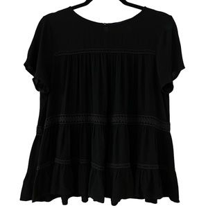 Blue Rain Black Flowy Tiered w/ Lace Accents Short Sleeve Blouse